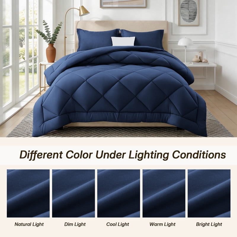3 Pieces Twin Size Comforter Set, All Season Lightweight Breathable Bedding Set with 1 Down Alternative Comforter and 2 Pillowcases, Navy