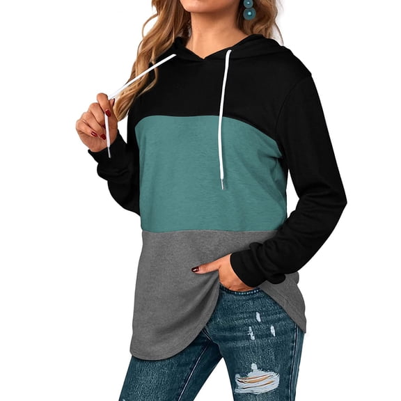 Color Block Hoodies for Women Lightweight Long Sleeve Pullover Casual Hooded Sweatshirts Loose Fit Outfits Green S