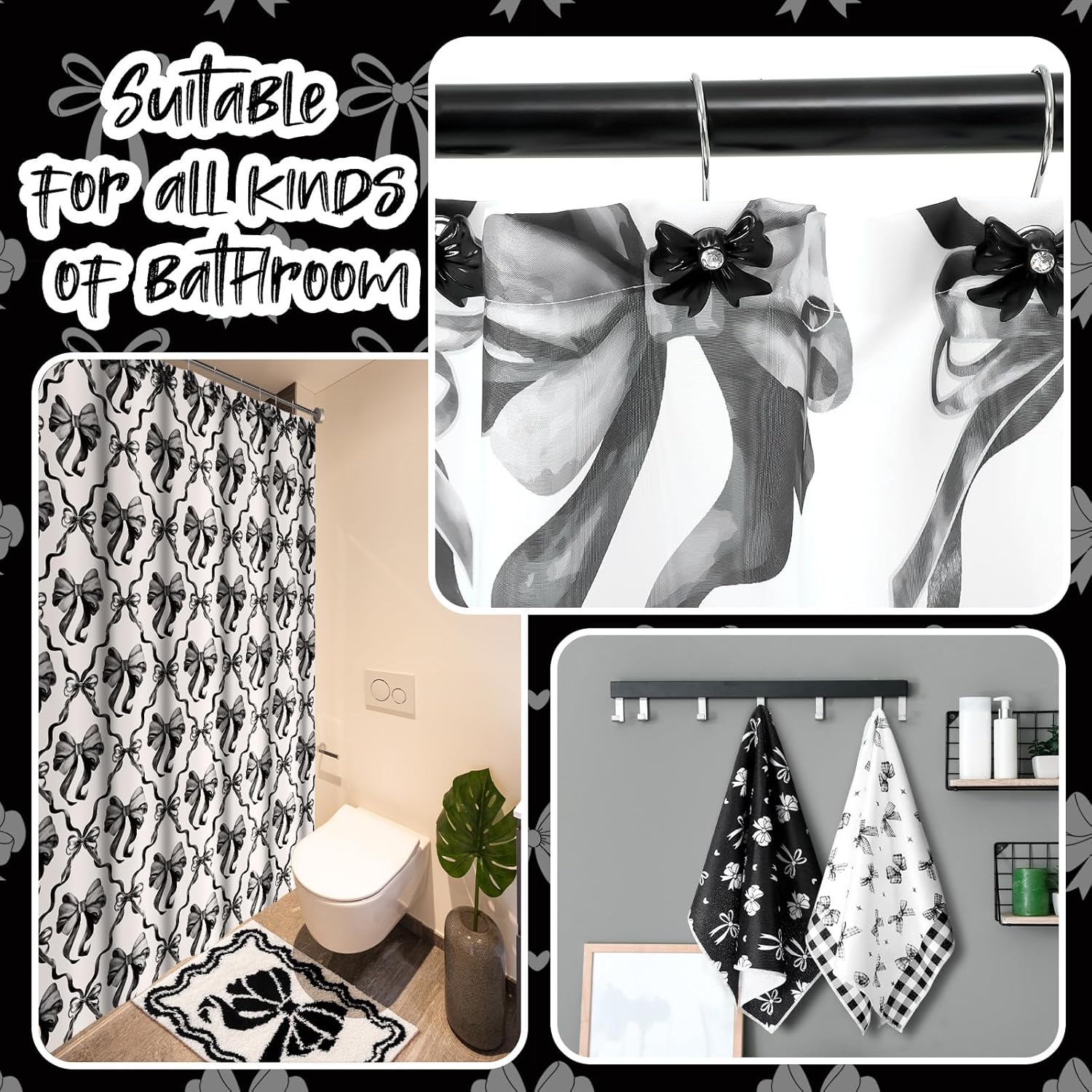 18 Pcs Black Bow Fabric Shower Curtain Set with 12 Decorative Shower Curtain Hooks Black Bow Knot Bathroom Towels Coquette Non Slip Absorbent Microfiber Rug for Modern Aesthetic Bathroom
