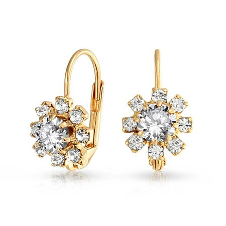 - Clear Crystal Flower 18k Gold Plated Brass Leverback Drop Earrings For Women