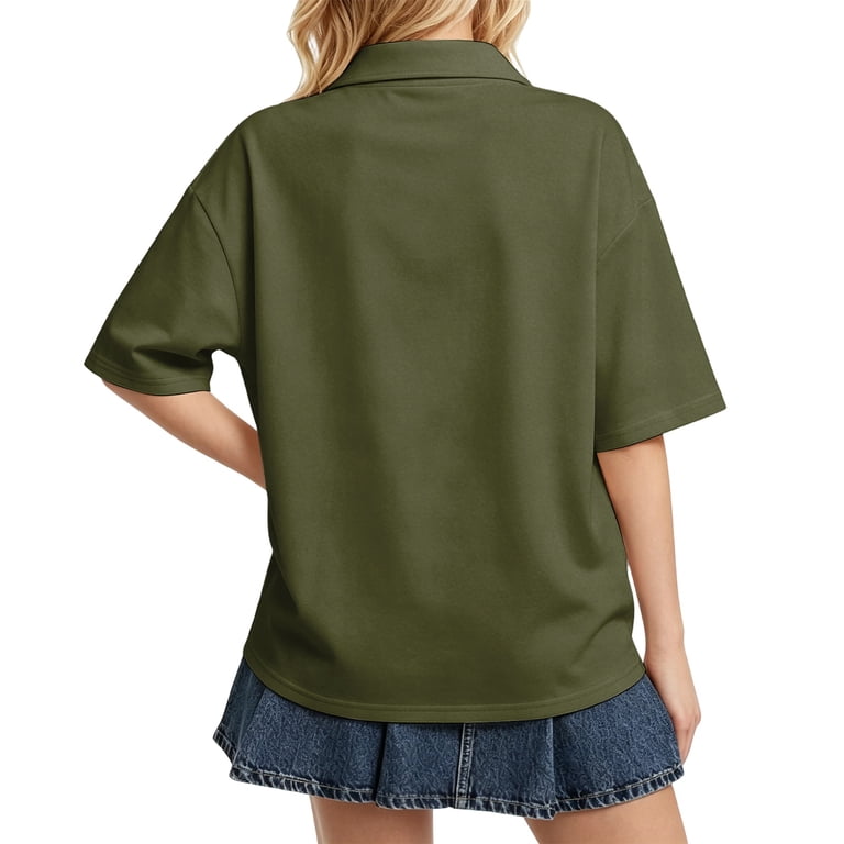 Sewkxo Women Short Sleeve Solid Color Polo Shirt Oversized Collar