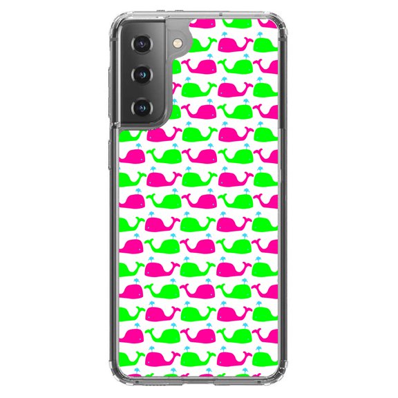 DistinctInk Clear Shockproof Hybrid Case for Galaxy S21 5G (6.2" Screen) - TPU Bumper, Acrylic Back, Tempered Glass Screen Protector - Green Pink Cartoon Whales - Cartoon Whales