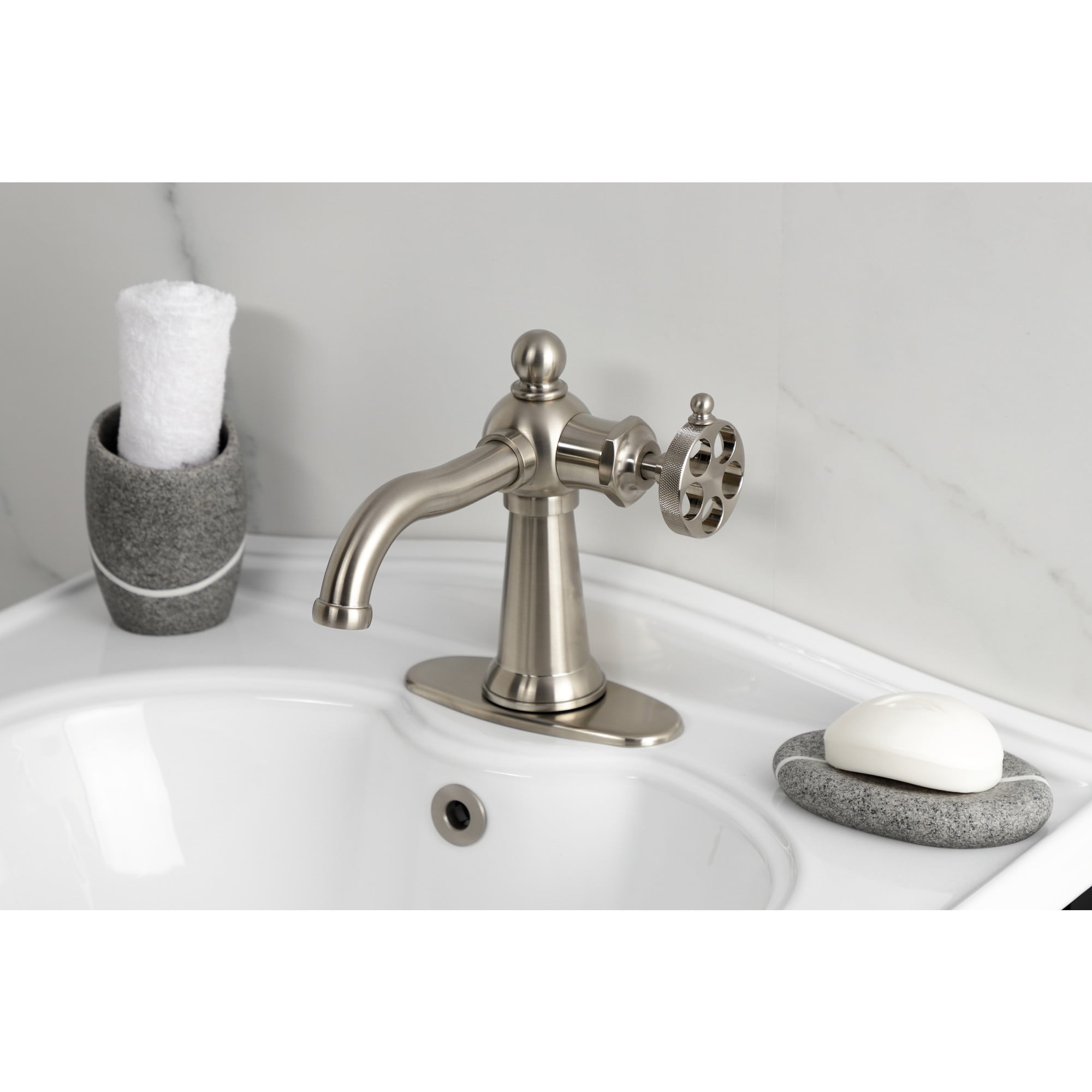 Kingston Brass KSD3548RKZ Wendell One-Handle Single-Hole Bathroom Faucet with Knurled Handle and Push Pop-Up Drain, Brushed Nickel