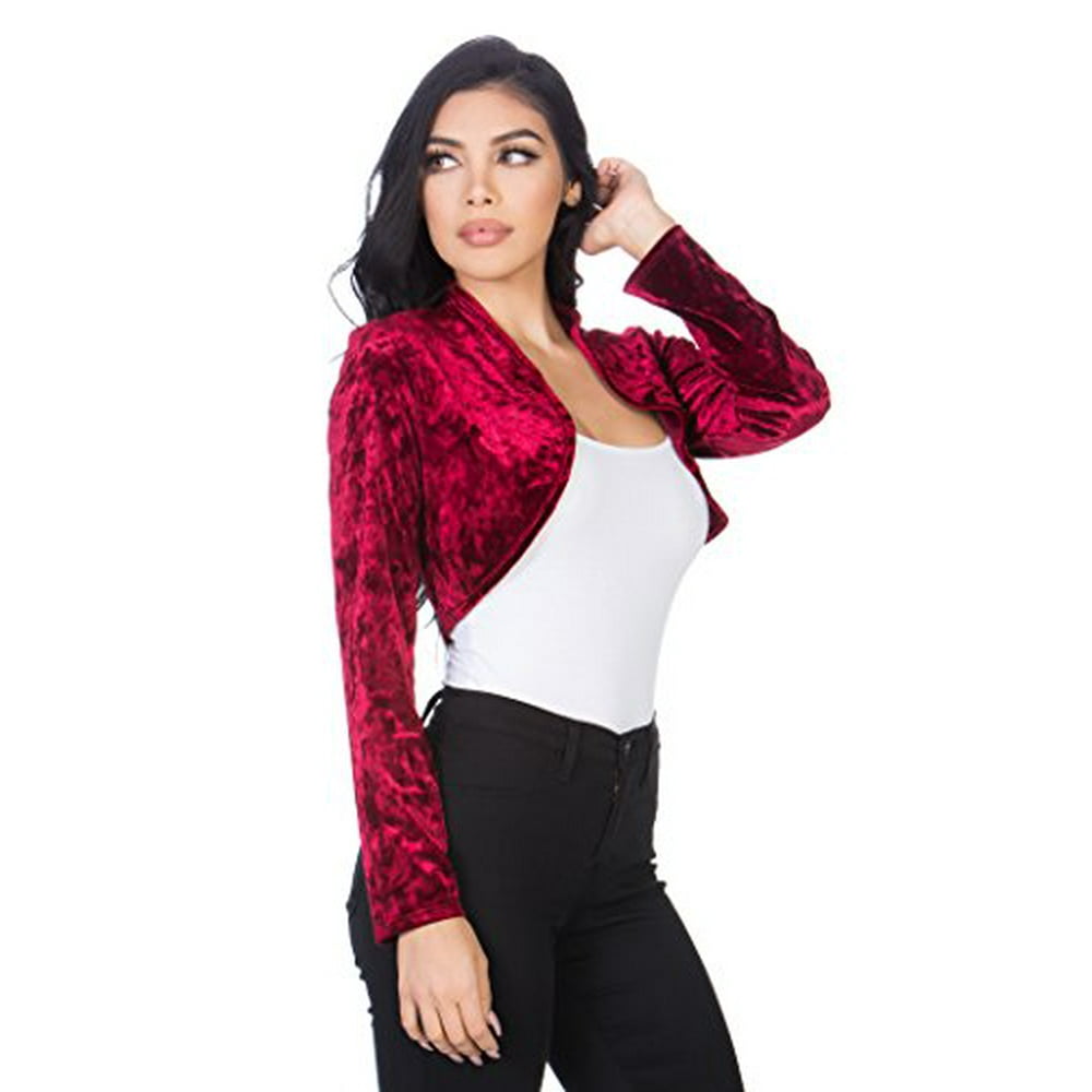 Fashion Secrets Fashion Secrets Women`s Collarless Open Front Velvet Bolero Shrug Cardigan