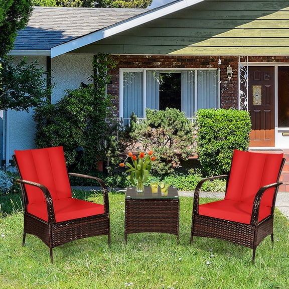 Gymax 3PCS Patio Rattan Conversation Set Outdoor Furniture Set w/ Table Cushions
