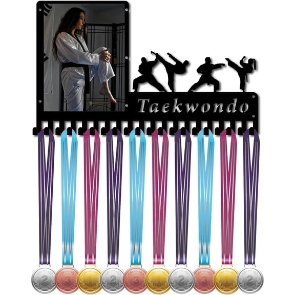 Taekwondo Medal Hanger Display Medals Holder Rack with Photo Frame Metal Sports Hanging Athlete Awards Wall Mount with 20 Hooks for Karate Competition Ribbon Medals Black 16.5x9.8Inch diy