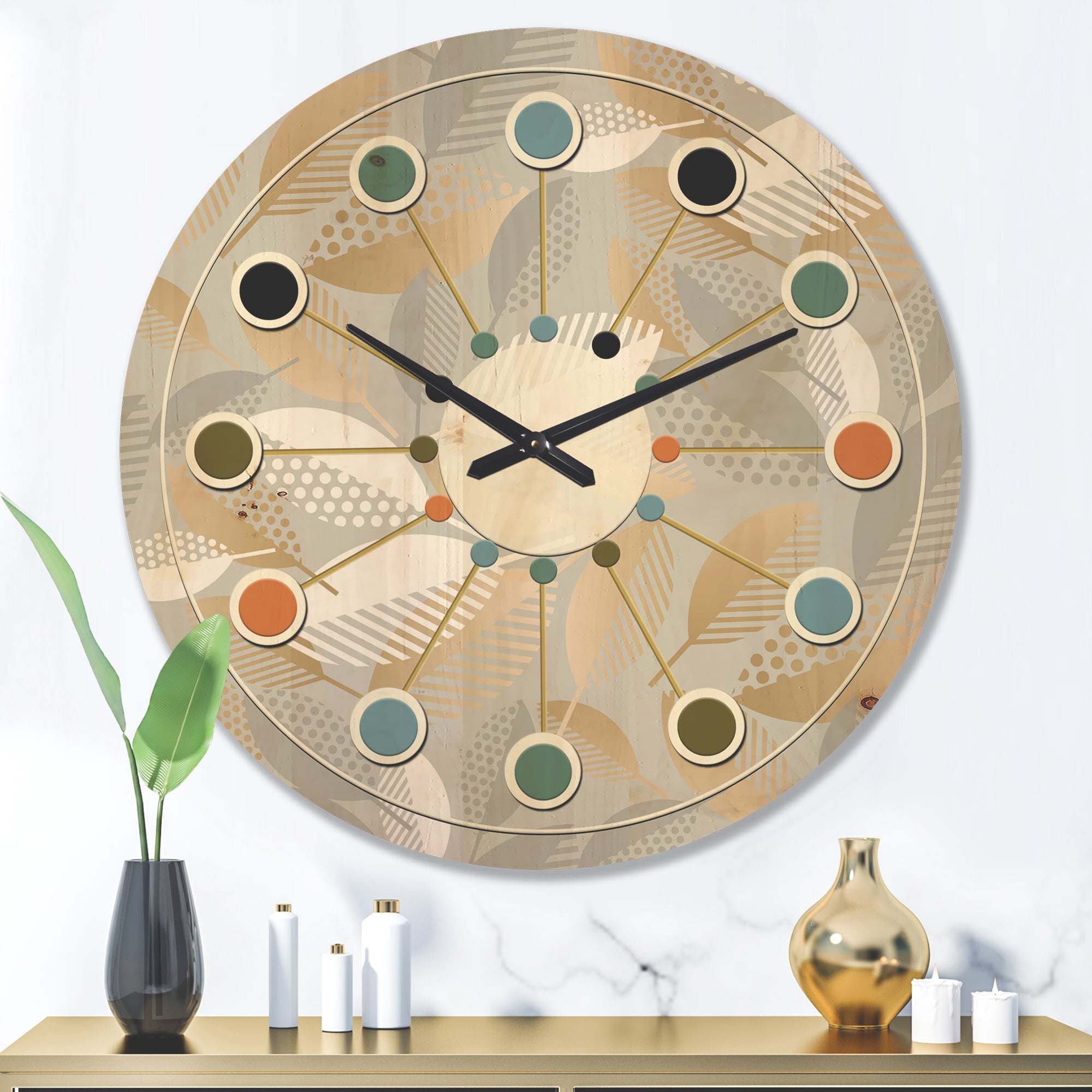 Designart 'Fall Leaves Pattern Luxury Geometric ' Mid-Century Modern Wood Wall Clock