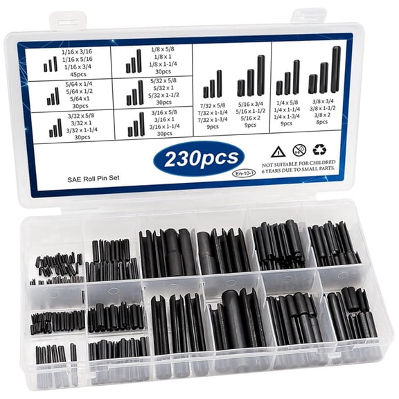 230Pcs SAE Roll Pin Assortment Set - Slotted Spring Pins Steel Split Expansion Pin 10 Sizes for Home Improvement