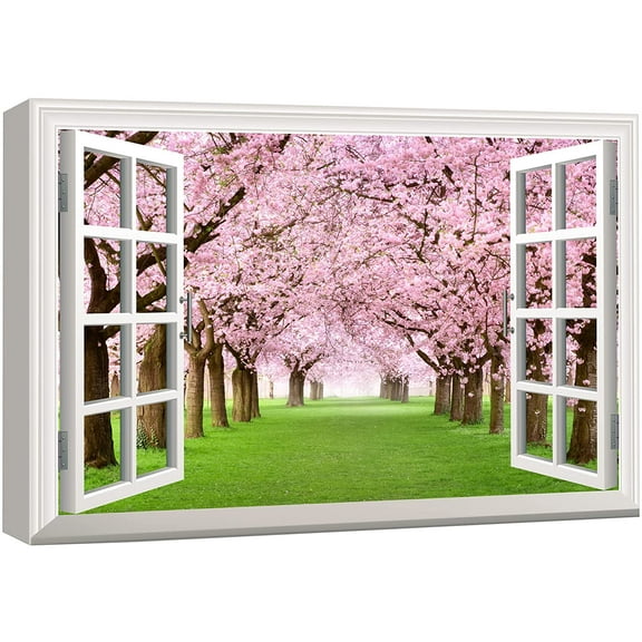 wall26 Canvas Print Wall Art Window View of Pink Cherry Blossom Trees Nature Wilderness Photography Modern Art Rustic Scenic Colorful Ultra for Living Room, Bedroom, Office - 32"x48"
