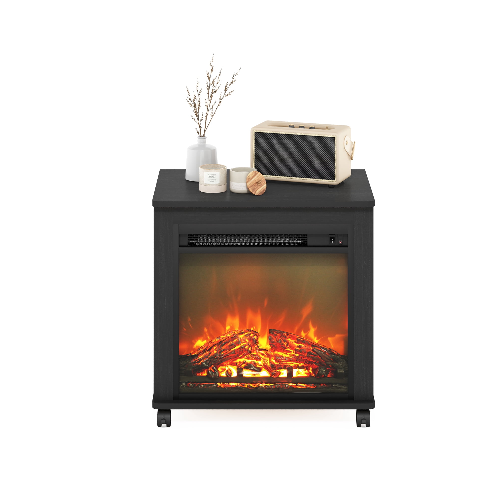 Furinno Jensen Electric Fireplace End Table with Wheels, Americano