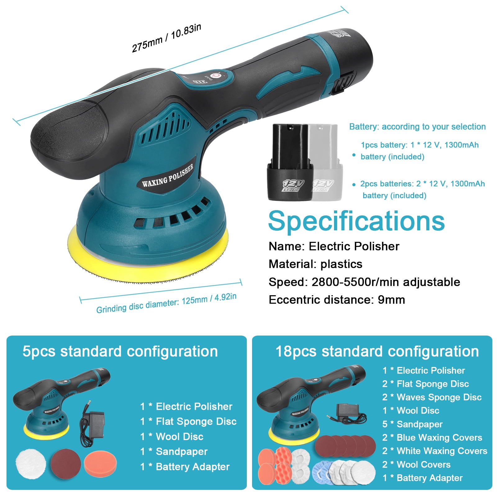 Polisseuse Excentrique Sans Fil 125mm (6") - 2 Batteries Incluses - Vitesse Variable 2500-5500 Tr/min - Neuf