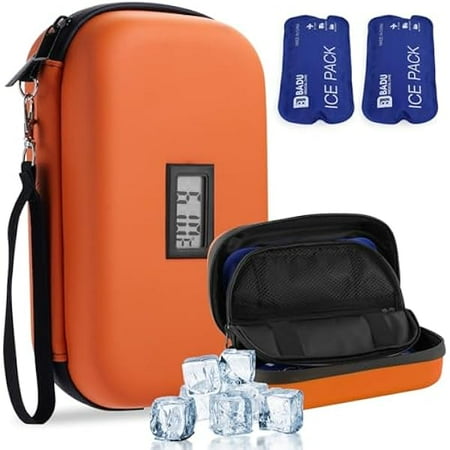 ZLCInsulin Cooler Travel Case TSA Approved Refrigerated Medicine Cooler for Travel w/Thermometer Temperature Diabetic Travel Case w/2 Reusable Ice Packs for Daily Life Trip(Need Battery)