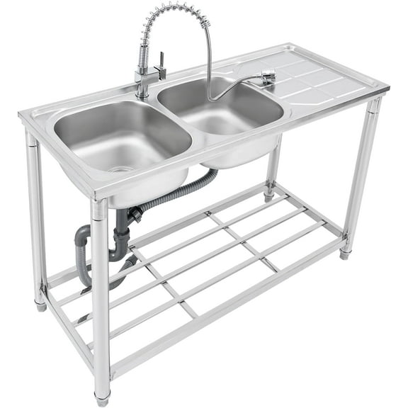 Free Standing Stainless-Steel Double Bowl Sink Commercial Restaurant Kitchen Sink Set with Faucet & Drainboard, Prep & Utility Washing Hand Basin w/Workbench & Double Storage Shelves