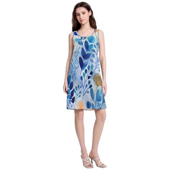 Women's Casual Sleeveless All Over Print Dress Loose A Line Flowy Dresses with Pockets Beautiful Watercolor Blue Leaves S