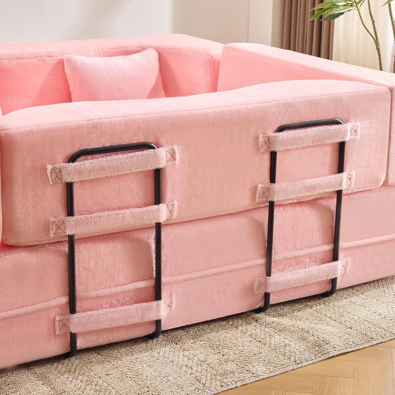 LUCKHAO Modern Foam Teddy Fabric Convertible and Oversized Sleeper Sofa Bed Loveseat, Pink