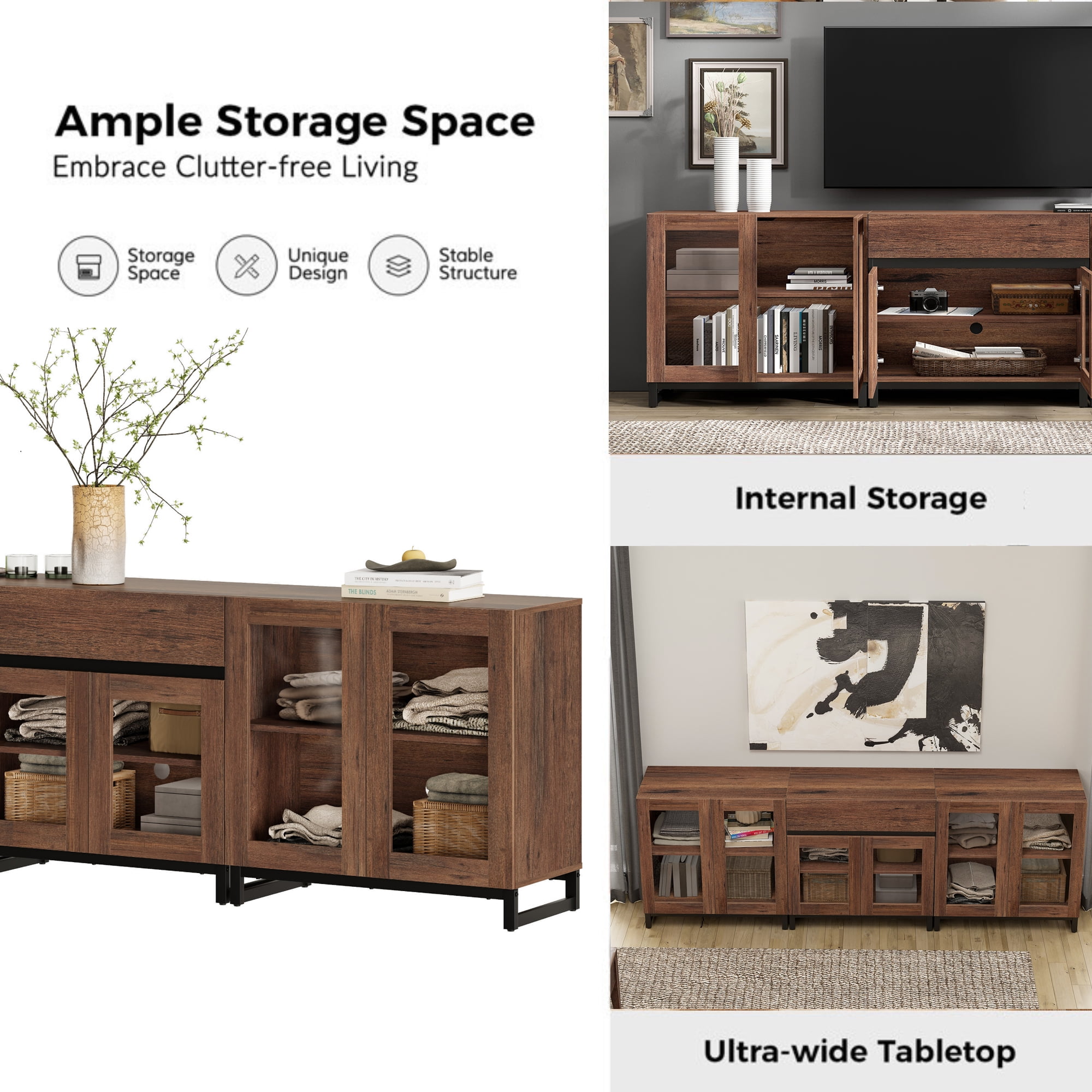 WAMPAT 3-in-1 Multifunctional Modern Sideboard Buffet with Glass Doors and Drawers, Adjustable Shelf & Metal Base for Coffee Bar & Storage Credenza