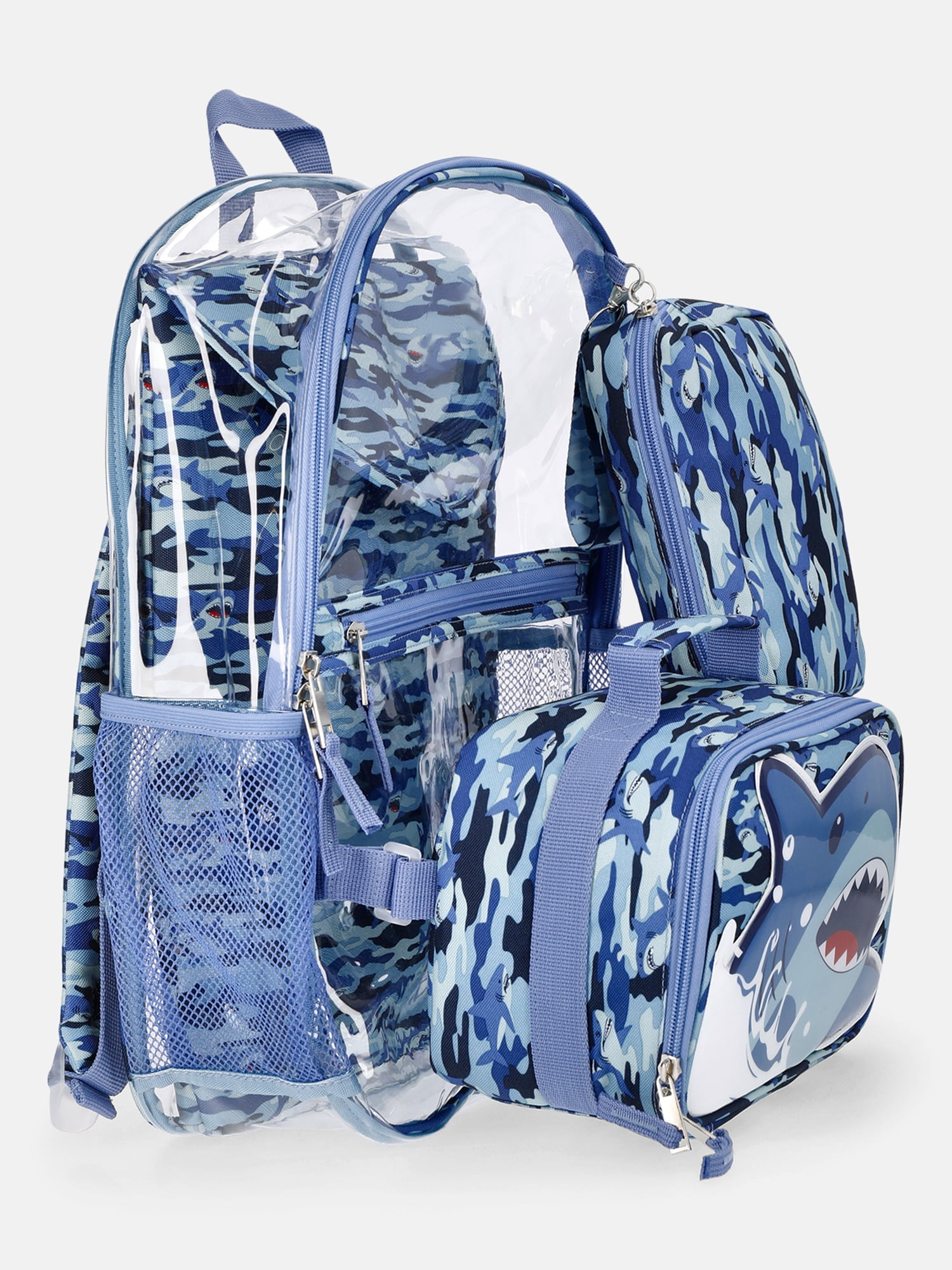 Wonder Nation Kids' Clear Shark Camo 17" Backpack, Lunch Tote, Laptop Sleeve and Pouch Set, 4-Piece