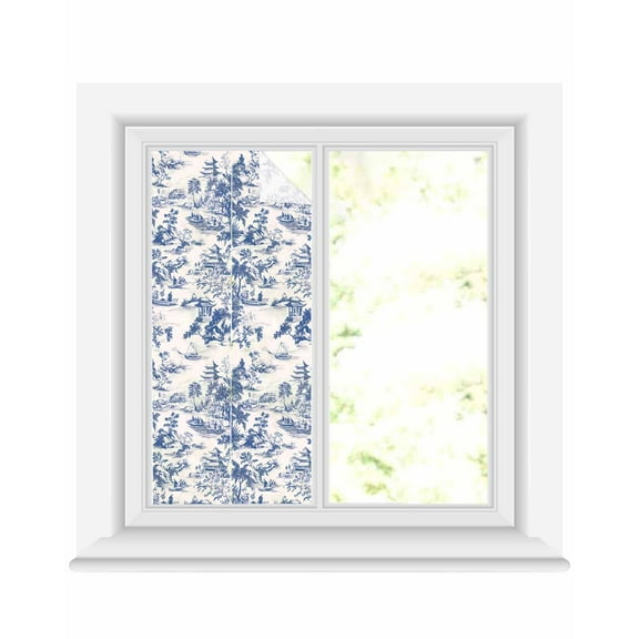 Window Privacy Film Blue Garden Retro Stained Glass Window Film Decorative Sun Block Window Cover Modern Art Building Tree Boat Window Clings Static Adhesive Sticker for Bathroom 19.6"x39.3"