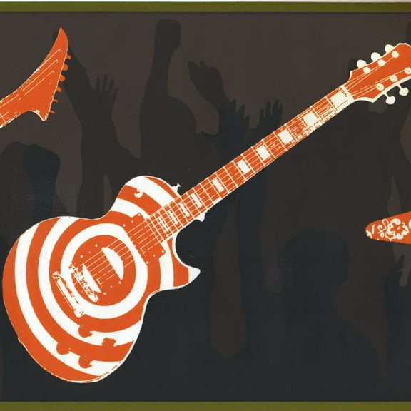 Concord Wallcoverings Wallpaper Border Guitars People Dancing for Teenager Bedroom, Colors Orange Green White Black Brown, Size 9 Inches by 15 Feet ZB3121B