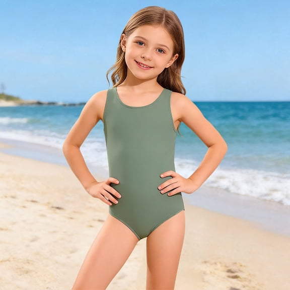 Girls Sleeveless Solid Color One Piece Swimsuit Comfortable Stretchy Fabric Modest Fit Bathing Suit for Summer Beach Pool Swimming Training Activities,Army Green,L