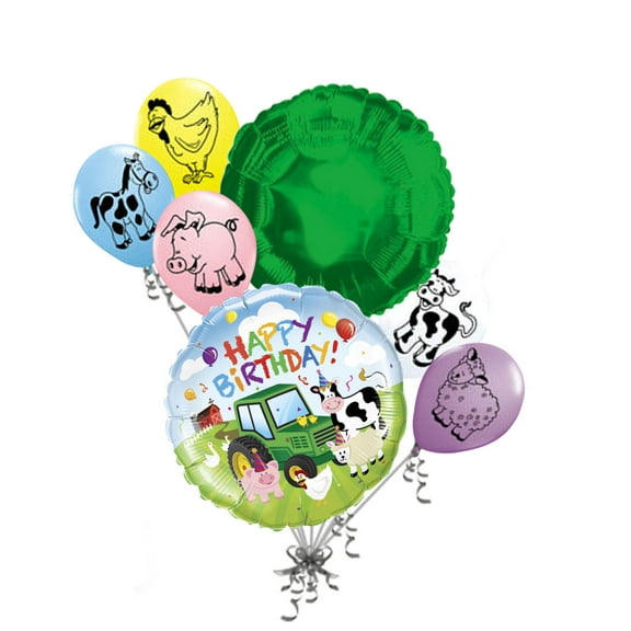 7 pc Green Farm Tractor Balloon Bouquet Party Decoration Happy Birthday Barn