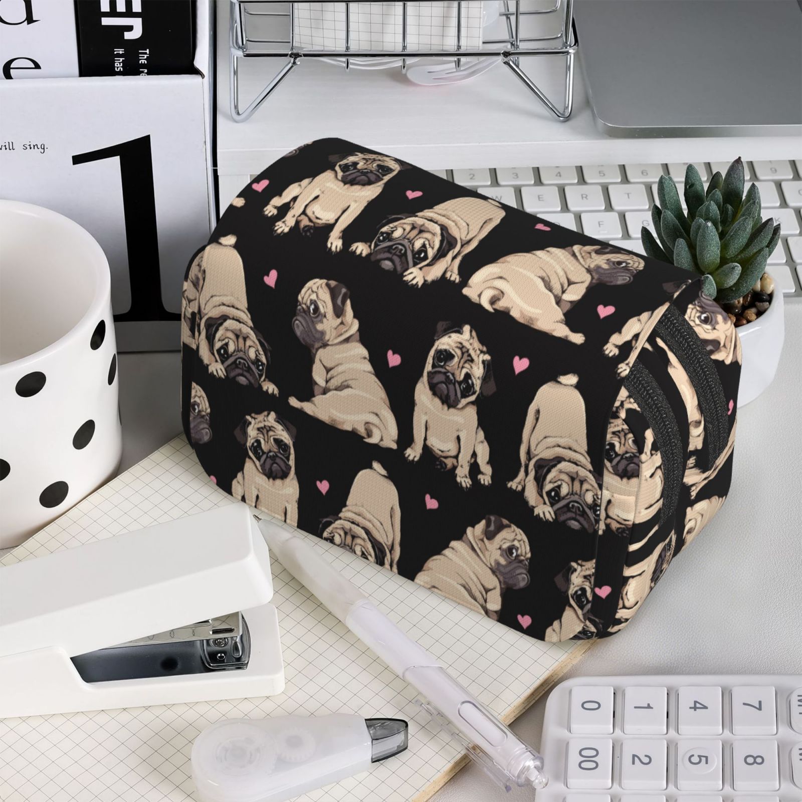 Rateoe French Bulldog Pattern Double Clamshell Pen Case, Storage Organizer with Two Zipper Compartments– Holds Up to 50 Pencils & Pens