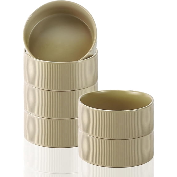 Jeffbaubl Cereal Bowls Set of 6, 6.1 Inch Ceramic Soup Bowls, Deep Bowl Set for Kitchen, Microwave and Dishwasher Safe, Stackable Bowl for Cereal, Soup, Salad, Dessert(Khaki)