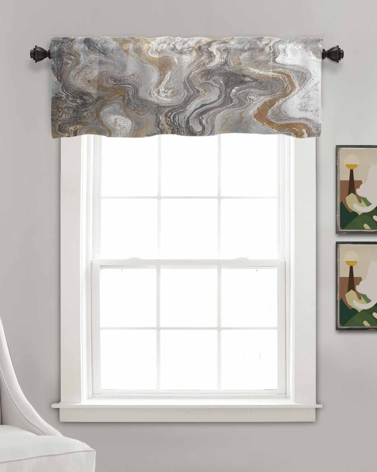 Gray Marble Kitchen Valances for Windows Farmhouse Linen Window Valance Curtain for Living Room Window Treatment Farmhouse Vintage Abstract Ombre Texture Valance Rod Pocket Topper Drape, 60 x 18 Inch