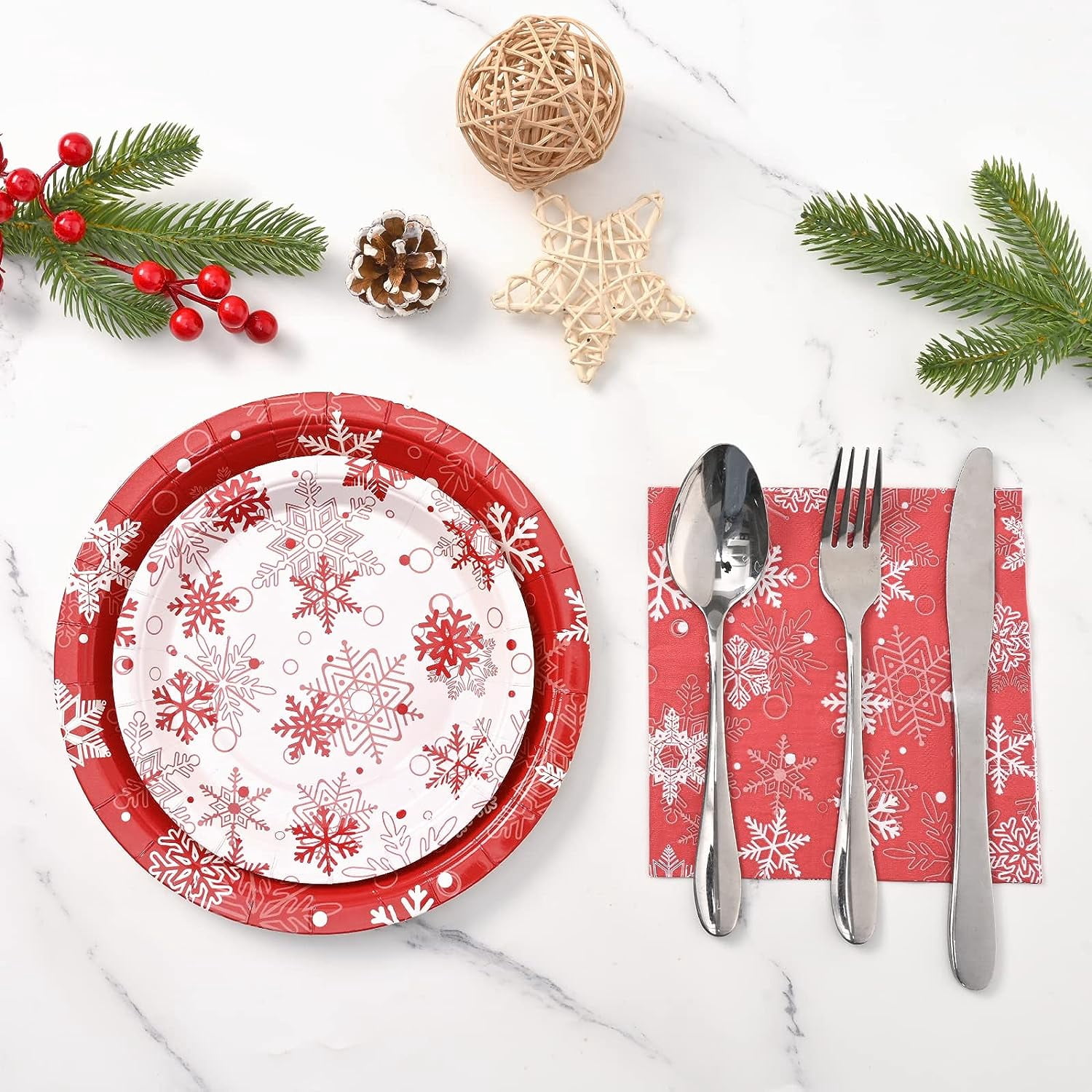 Waipfaru 200 PCS Christmas Paper Plates and Napkins White Snowflake Party Supplies Red Disposable Dinnerware Set for Christmas Decor