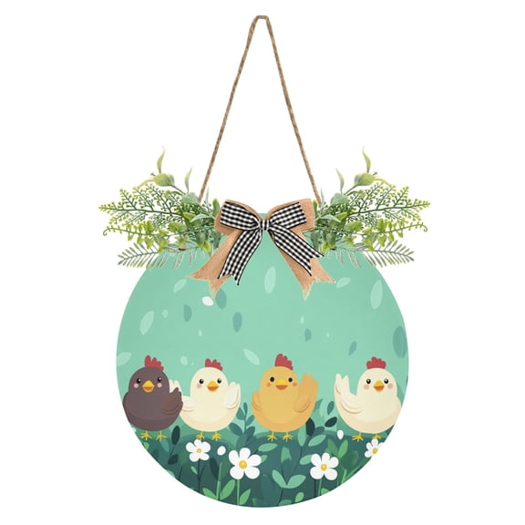 Four Cute Chicks Front Door Porch Decoration Hanging Sign with Artificial Green Plants and Bow for Home Outdoor Indoor
