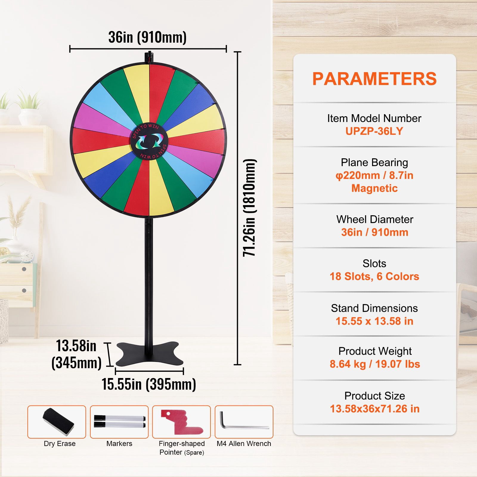 36 inch Prize Wheel 18 Slots with Dry Erase & 2 Markers, Tabletop or Floor Standing for Party Trade Show