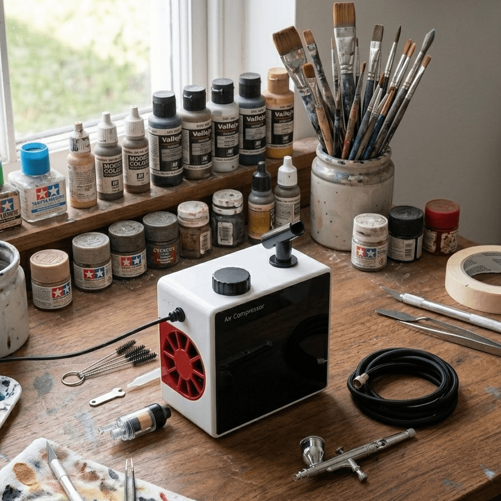 TM-60 Airbrush Compressor, Adjustable 0-70 PSI, Oil-Free with Moisture Filter for Painting & Nail Art
