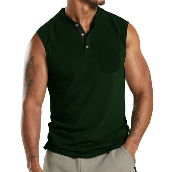 ZCFZJW Henley Tank Top Men Summer Lightweight Casual Sleeveless V Neck Button Up Muscle T Shirts with Pocket Beach Vacation Tees Vest for Men Army Green XL