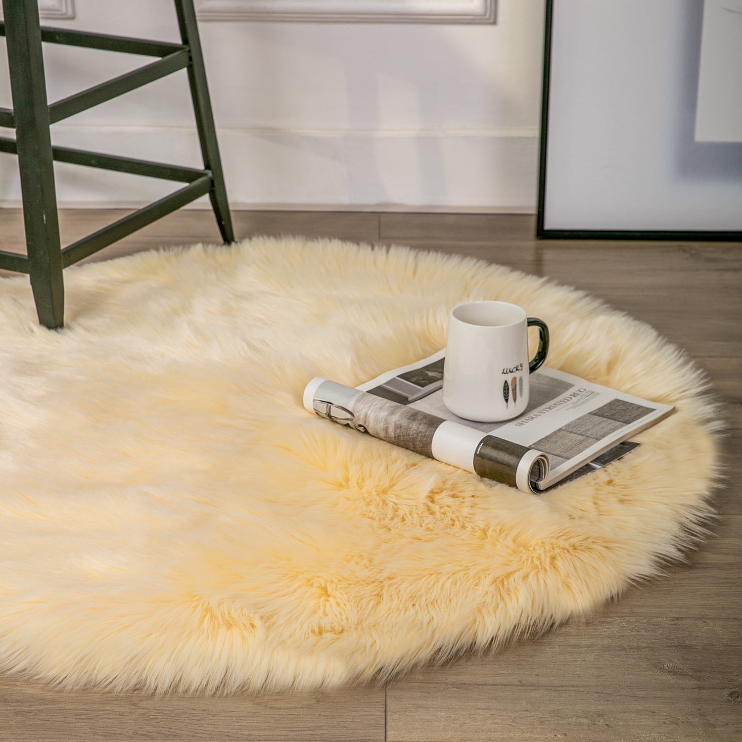 Phantoscope Deluxe Soft Faux Sheepskin Fur Collection Round Area Rug, Yellow