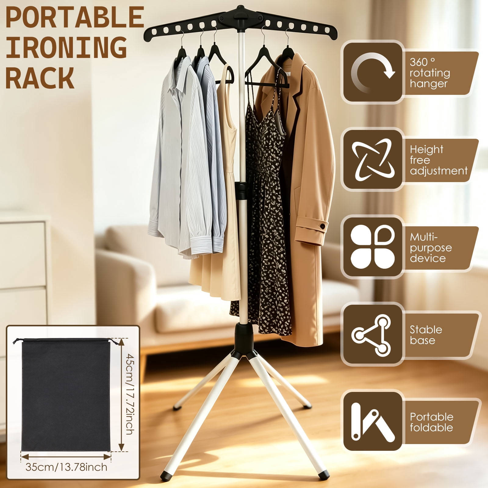 Adjustable Garment Steamer Stand 29" to 58" Height 360° Rotating Clothes Hanger Stand with Tripod Base Foldable Cap and Gown Display Rack for Ironing Drying and Storage, Black