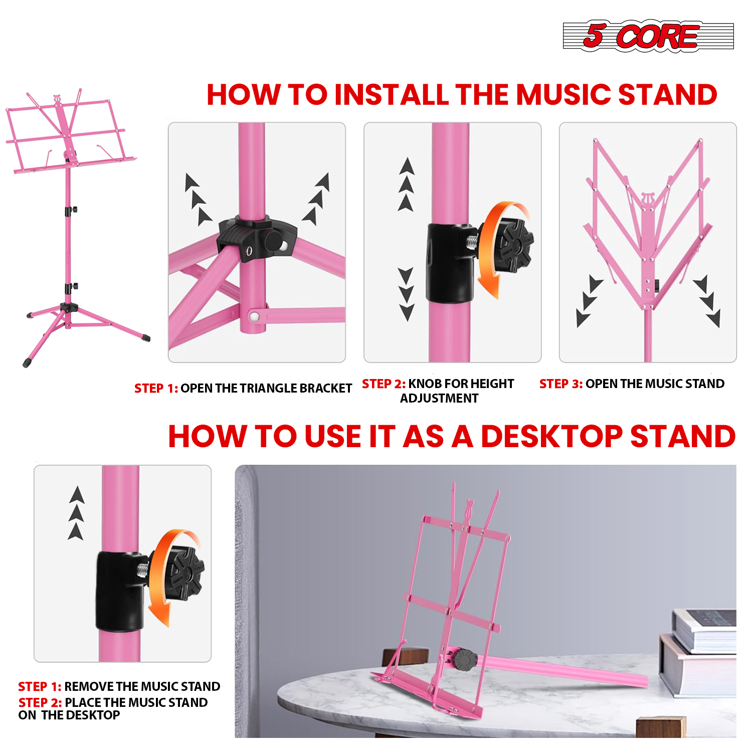 5 Core Music Stand Adjustable Desktop Book Stands Portable Sheet Holder All Metal Foldable Bookstand