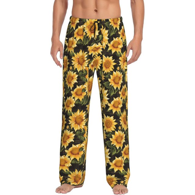 Balery Vintage Black Plaid Sunflower Pantalones de pijama para hombre, pijama ultraligero, pantalón de descanso-Small