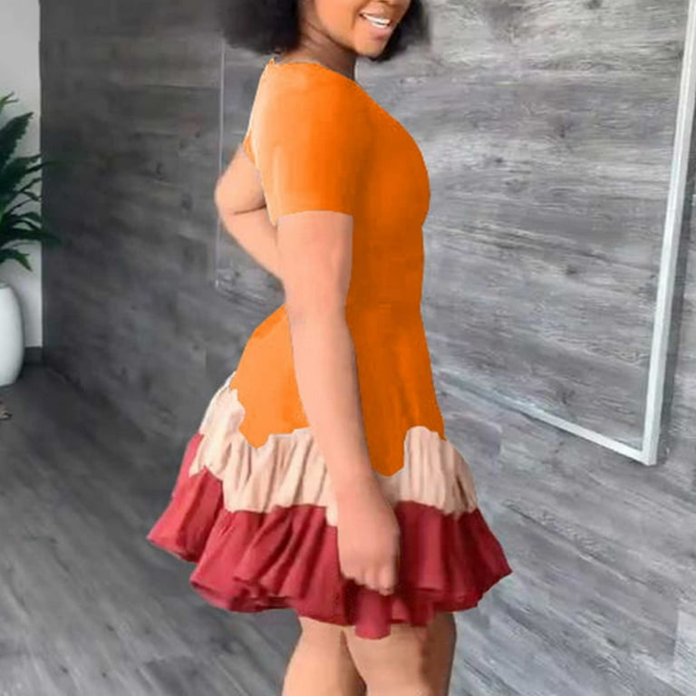 VKEKIEO Dresses That Hide Belly Fat Peplum Crew Neck Short Sleeve Printed  Orange M - Walmart.com