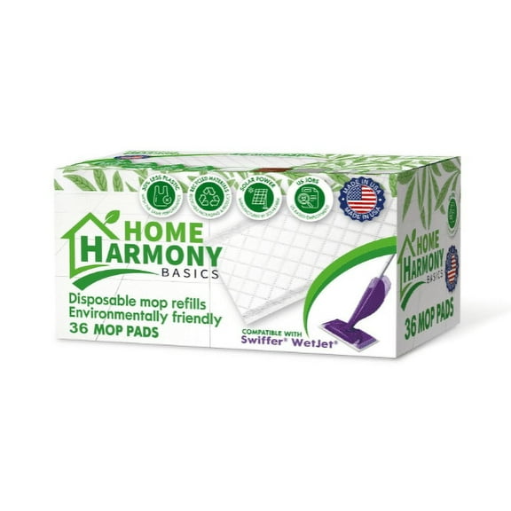 Home Harmony Basics Pads Refills for Swiffer Wetjet, 36 Count Swiffer Wetjet Replacement Pad Refills, Disposable, Eco-Friendly, Made in USA, White