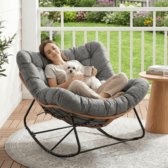 Arlopu Outdoor Papasan Rocking Chair, Oversized Padded Lounge Rocker with Cushion, Comfy Wicker Egg Lounge Chair, Large Indoor Rocking Recliner for Living Room/Porch/Garden, Dark Gray