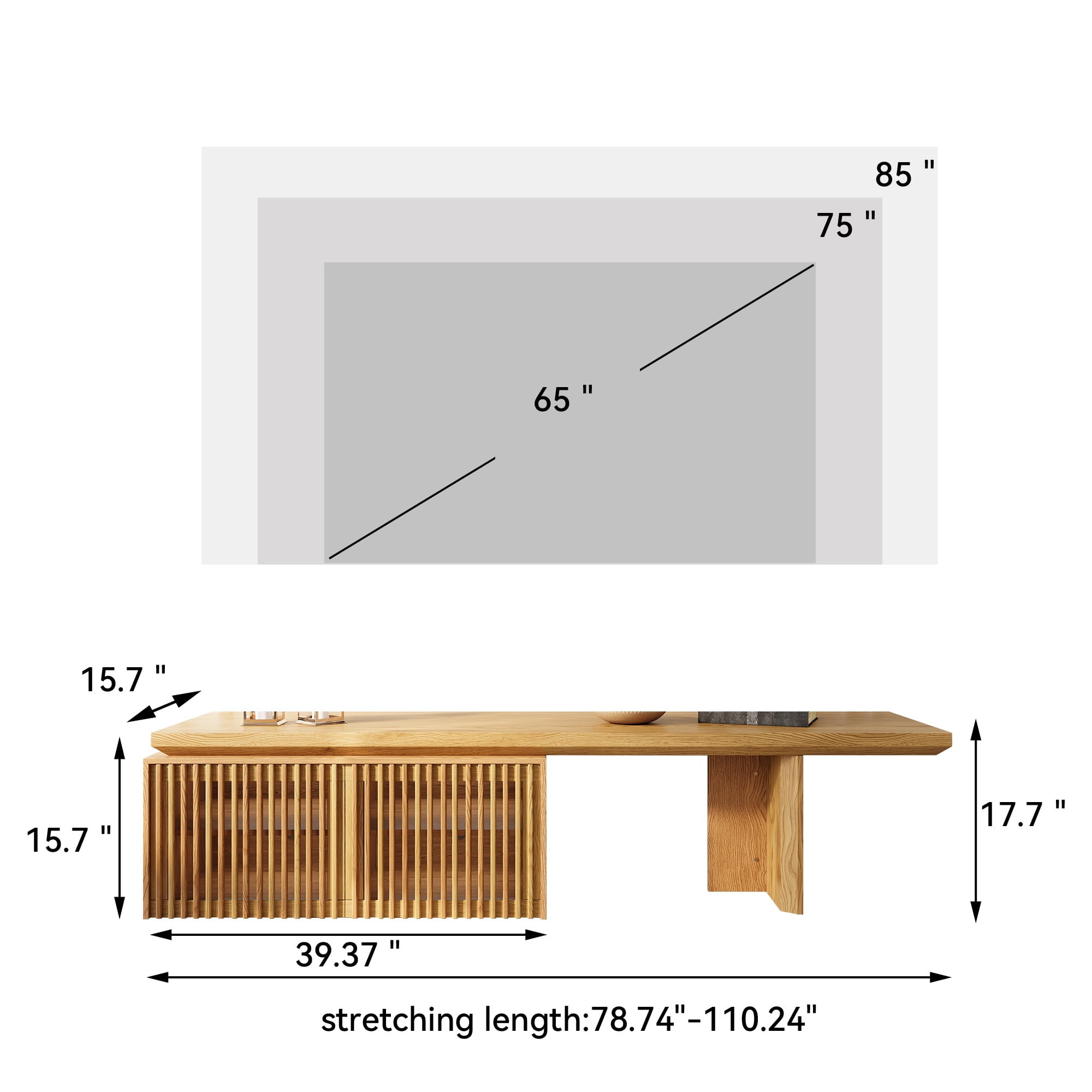 siu want ​​Extendable TV Stand with Storage for TVs Up to 100" - Adjustable Width (63.4"-94.5") Wood Color Media Console - Modern Entertainment Center for Living Room/Bedroom​