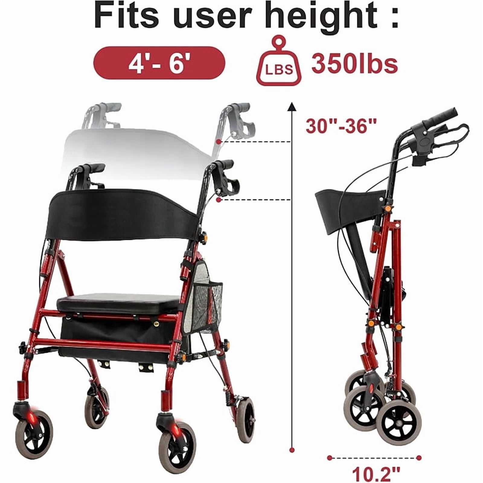 Leumius Foldable Rollator Walkers with Seat for Seniors,Lightweight Rolling Walker with 5-Position Adjustable Height,350lb Capacity