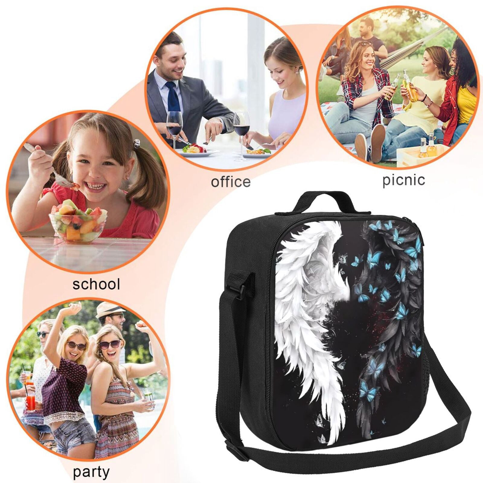 Rateoe Butterfly Angel Wings Art Lunch Bag Reusable Lunch Box with Shoulder Straps for Men Women Insulated Portable Lunchbox for adults Suitable for School Work Picnic