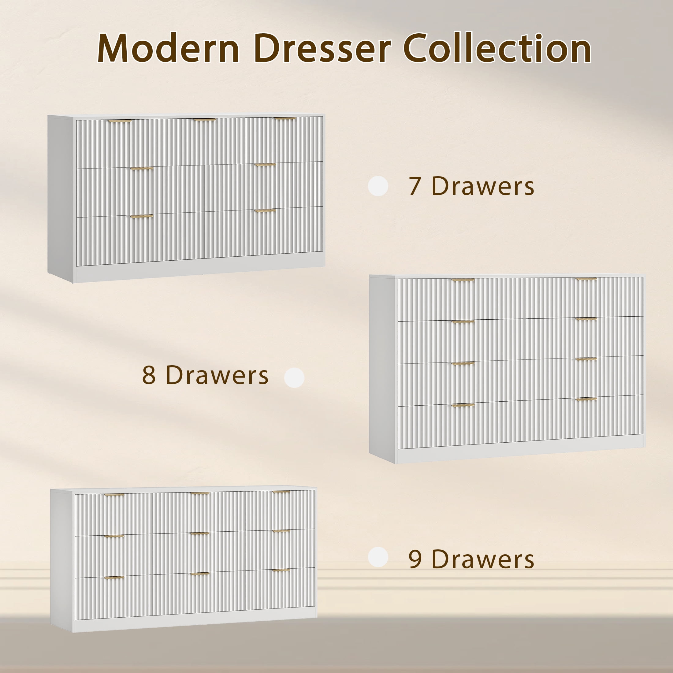YouTrend 55.1"W Fluted Dressers for Bedroom with 7 Drawers,Modern Chest of Drawer TV Stand for Adults,Wood Clothes Storage for Living Room,White