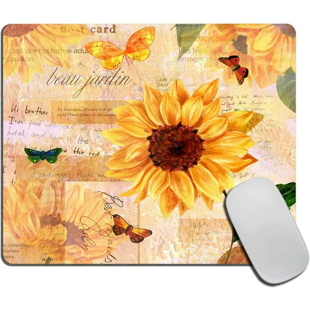 Small Mouse Pad 7.9 x 9.5 Inch , Colorful Butterflies Yellow Sunflowers Mousepad with Washable Lycra Cloth , Non-Slip Rubber Base Mousepads , Computer Mouse Pads for Wireless Mouse