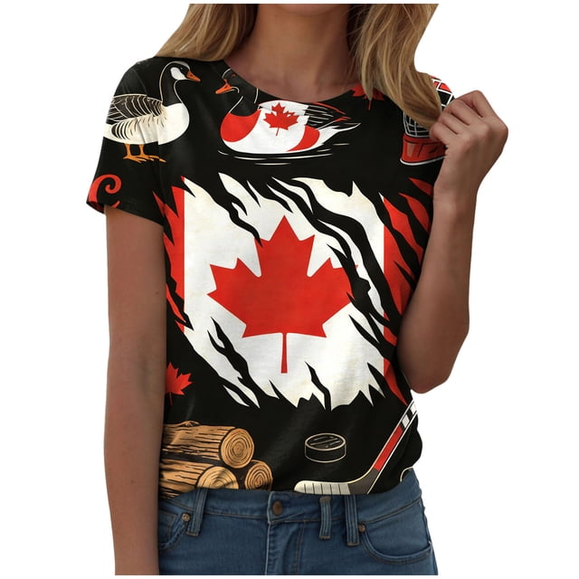 Ramiter T-Shirt Drapeau du Canada Femme T-Shirt Décontracté à Manches Courtes Basique d'Été Hauts T-Shirt Fête du Canada Blouse à Imprimé Feuille d'Érable Col Rond T-Shirt Gris Foncé,L