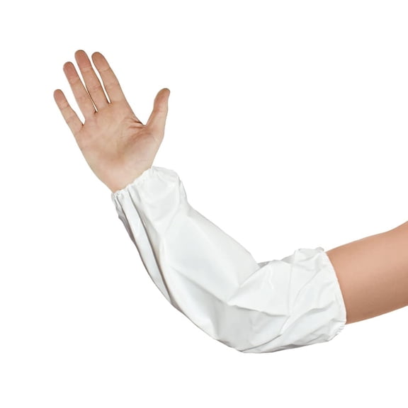 Disposable Vinyl Oversleeves 18" in Bulk. 144 Pairs of White Regular PVC 8 mil Arm Covers with Elastic Wrist & Elbow. Pack of 288 Waterproof Protective Sleeves for Food Service, Industrial.