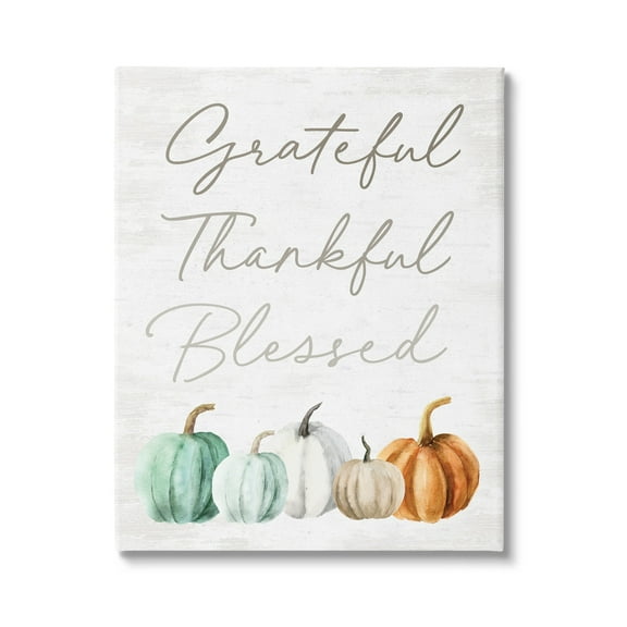 Grateful Thankful Blessed Script Rustic Arranged Pumpkins Botanical & Floral Graphic Art Gallery-Wrapped Canvas Print Wall Art