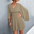 thumbnail image 5 of Women's Wrap V Neck Butterfly Sleeve Mini Dress Tie Back High Waist Button Plain A Line Dress Pleated Swing Tunic Dress, 5 of 6