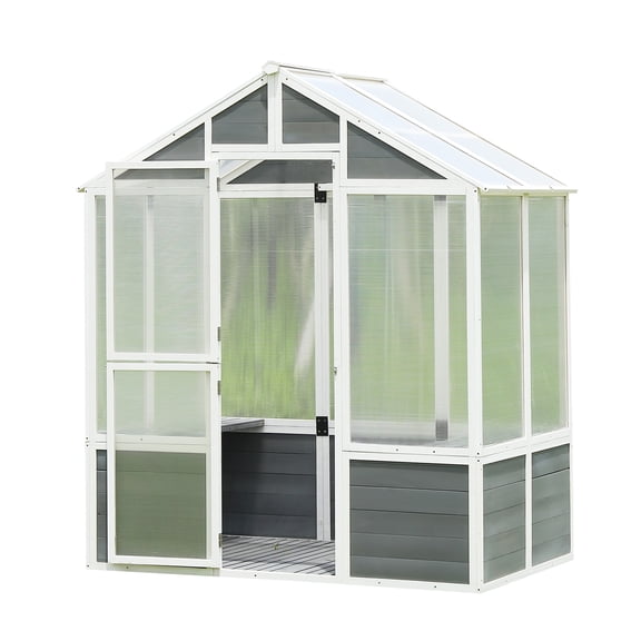 JERFIT 76"x48"x86" Walk-in Greenhouse with Polycarbonate Panels & Reinforced Wood Frame, Outdoor Plant Garden Shed for Backyard, Patio, and Lawn, Lockable Door (White & Gray)